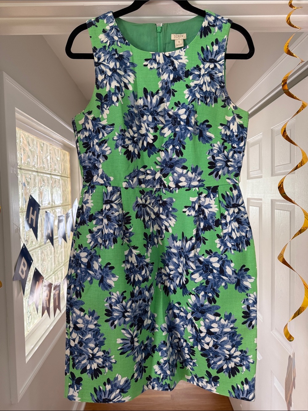 J. Crew Green Sleeveless Dress with Blue & White Floral Print